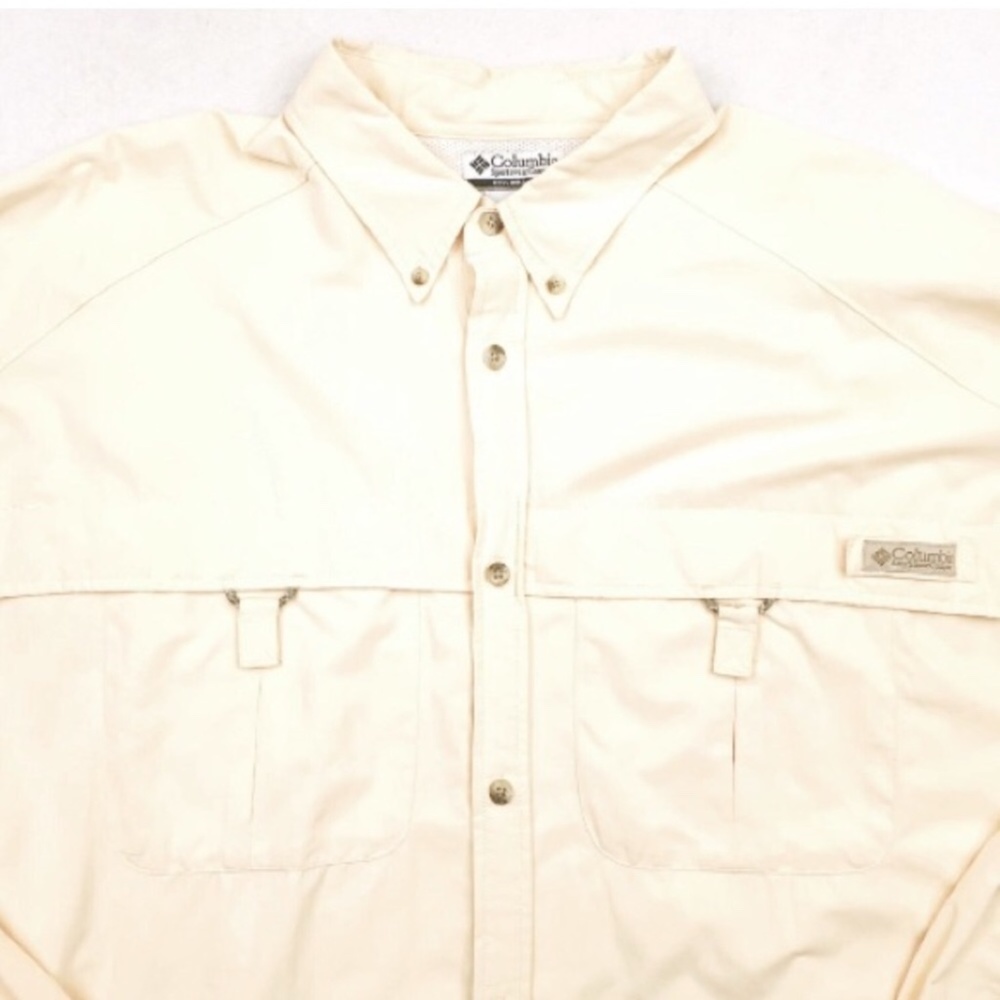 Columbia PFG Mens Cream Button Up Fishing Shirt Sz XL Vented Long Sleeve Pocket